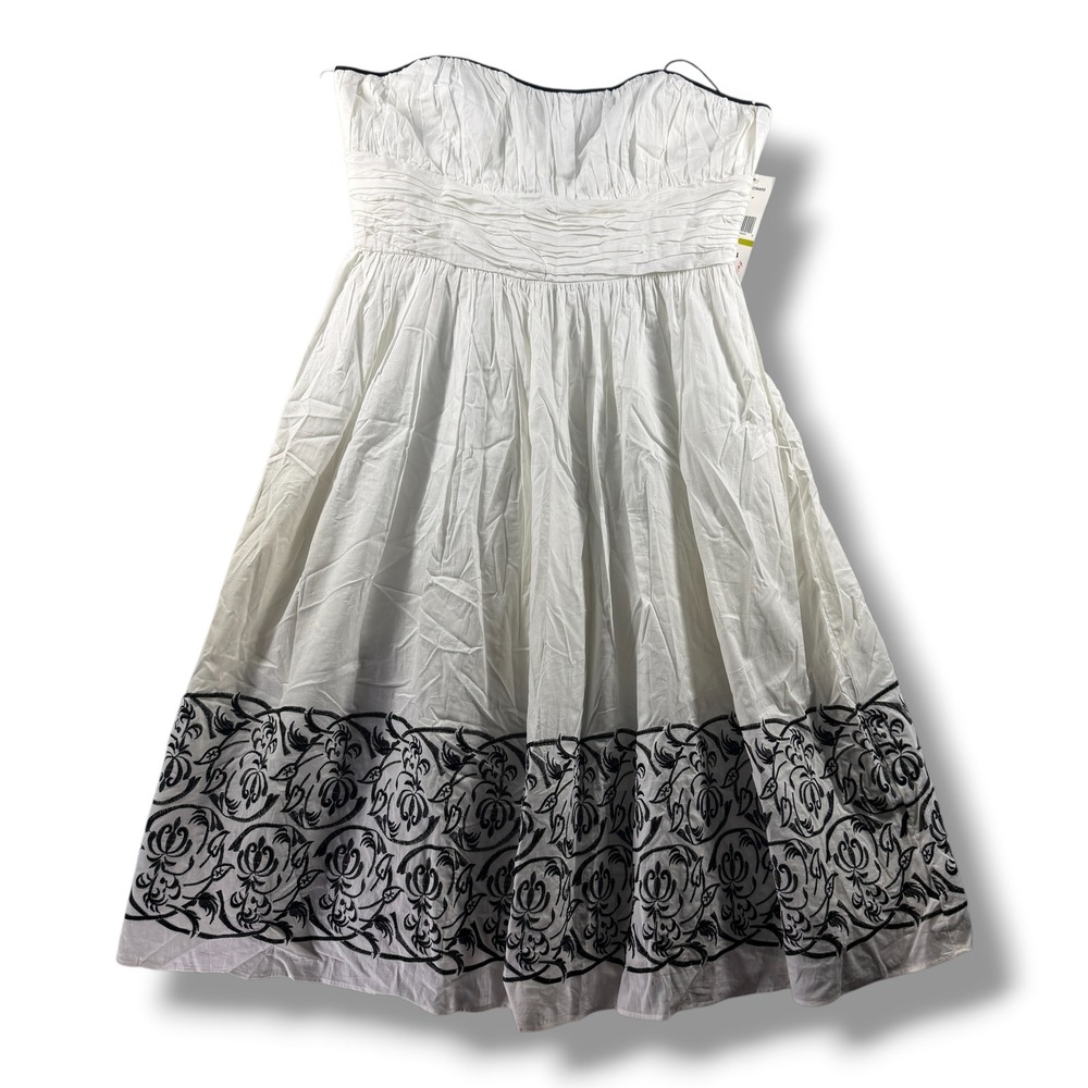 Jessica Howard White Cotton Embroidered Border Dress Black Floral 14 NWT 63801